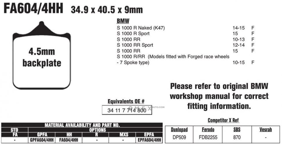 OEM PAD KIT, DISC BRAKE FA6044HH