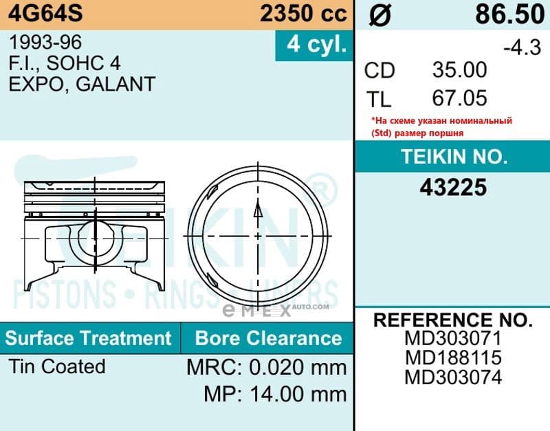 OEM PISTON  025 4G64S 43225